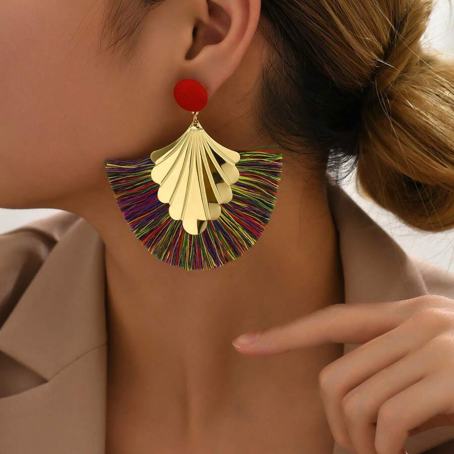 1 对复古风格扇形流苏耳环，适合日常佩戴