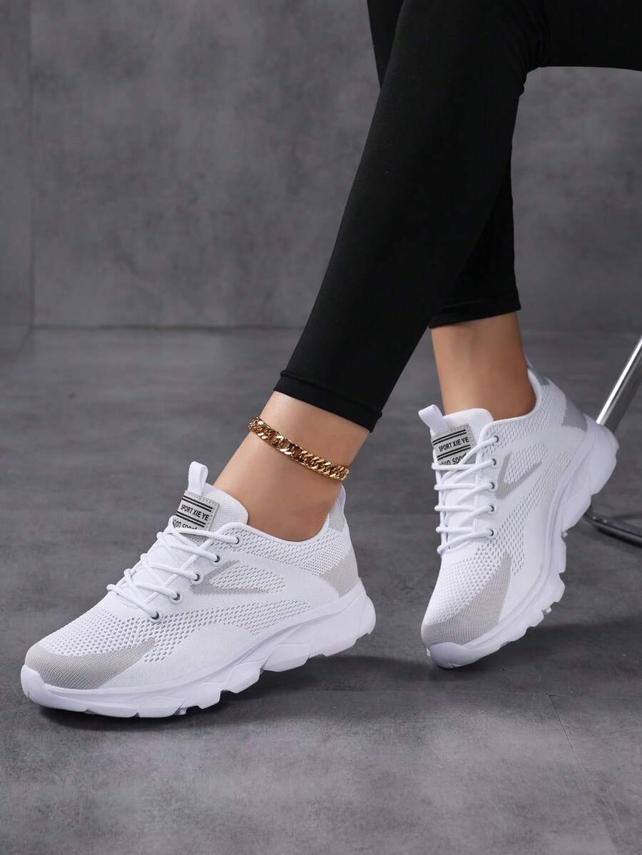 女士透气运动鞋，休闲系带户外鞋，舒适低帮鞋 - 白色 - 查看 1