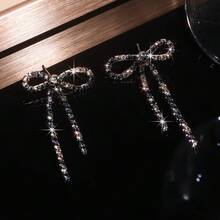 Bow Earrings For Women Rhinestone Long Tassel Earrings Ribbon Bow Drop Earring Silver Stainless Steel Dangle Earrings Cute Sparkly Jewelry - màu nâu - Xem 3
