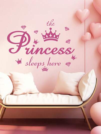 1 Princess-Themed Vinyl Wall Sticker, In Art Deco Style With A Shiny Pink Crown, Suitable For A Girl's Bedroom