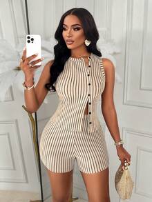 AIJ Amarilo 女士夏季休闲条纹纽扣无袖修身上衣和短裤两件套，适合度假和居家生活（随机印花） - 杏色 - 查看 5