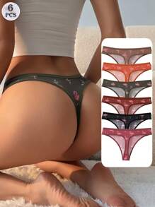 6 条装女士火烈鸟印花冰丝丁字裤无缝低腰丁字裤 - 柔软透气，舒适，适合日常穿着、运动、瑜伽三角裤