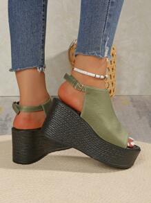 女士纯色厚底凉鞋，踝带休闲夏季沙滩鞋，百搭厚底鞋