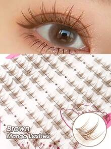 Rikuaild 100片卡通风格C型卷翘自然DIY浅棕色簇状假睫毛，棕色短柄透明睫毛，可爱卡通眼妆效果，适合日韩卡通风格眼妆，睫毛簇，单根睫毛，假睫毛 - D - 查看 2