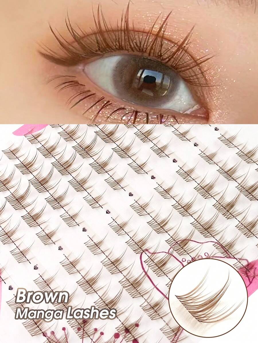 Rikuaild 100片卡通风格C型卷翘自然DIY浅棕色簇状假睫毛，棕色短柄透明睫毛，可爱卡通眼妆效果，适合日韩卡通风格眼妆，睫毛簇，单根睫毛，假睫毛