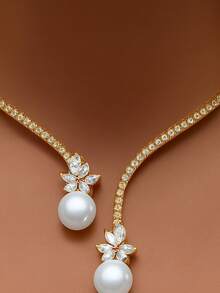 1 件华丽仿珍珠水钻装饰银色颈链婚礼新娘项圈首饰 - 金色 - 查看 6