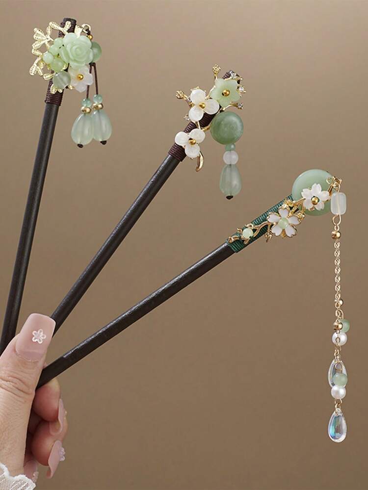 5/3/1 pezzo Fermaglio per capelli con fiori e nappe in stile cinese, accessorio per capelli in legno di ebano, adatto per donne per uso all'aperto, viaggi, fotografia, vacanze, banchetti, feste, regalo di Natale, regalo per le vacanze, fiori, outfit da vacanza per donna, accessori per capelli, accessori per la testa - Verde - Visualizzare 7