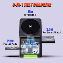 Cargador inalámbrico multifuncional oculto 3 en 1, cargador inalámbrico plegable giratorio eléctrico táctil de 15W, cargador inalámbrico portátil compatible con Apple, Watch y