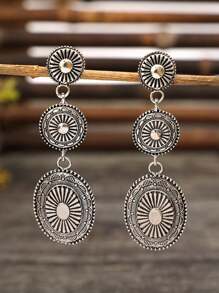 復古波西米亞西部風格圖騰雕刻幾何拼接金屬合金掛墜耳環（1對） - 復古銀色 - 查看 6