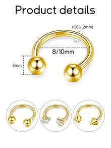 3 chiếc khuyên mũi bằng thép không gỉ mạ 18K 16G, khuyên mũi hình móng ngựa tròn Zirconia 8mm 10mm dành cho nam nữ, trang sức xỏ khuyên không gây dị ứng - Bộ 3 món - Xem 2