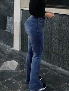 Women's Distressed Elastic Skinny Flare Jeans - Dark Wash - View 4