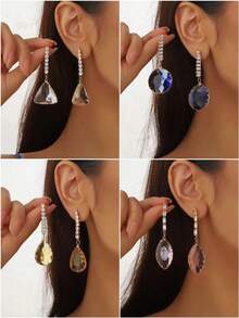 四色方晶锆石吊坠耳环 - 金色/银色/玫瑰金/黑色镀锌合金 - 闪亮时尚珠宝礼物 - 三角形耳環 - 查看 1