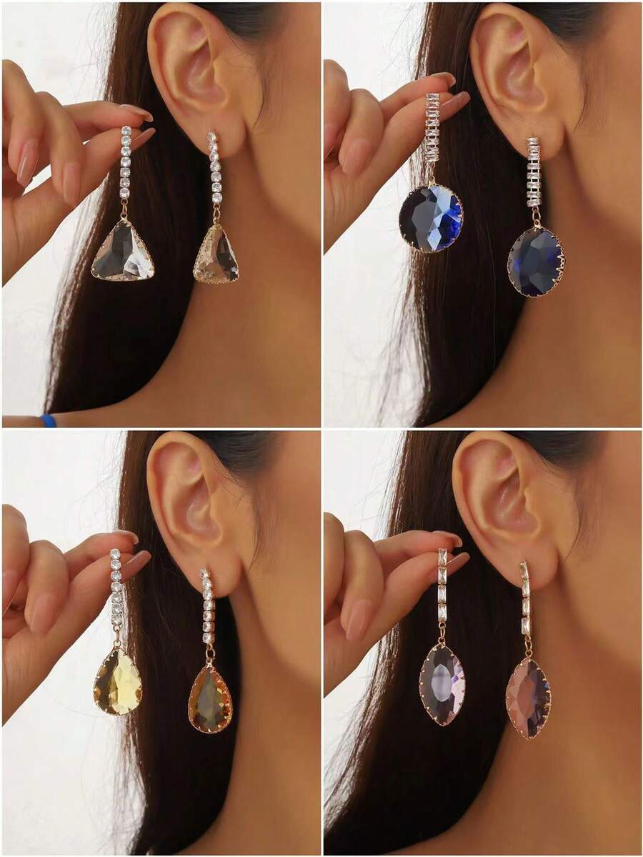 四色方晶锆石吊坠耳环 - 金色/银色/玫瑰金/黑色镀锌合金 - 闪亮时尚珠宝礼物 - 三角形耳環 - 查看 1