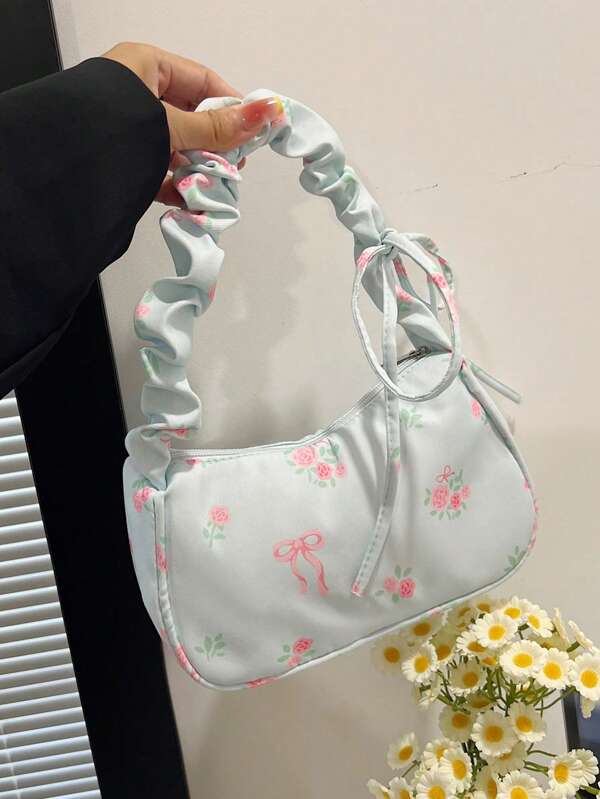 1 Peça Bolsa de Tecido com Cordão para Debaixo do Braço, Nova, Fofa, Casual, Portátil, Bolsa Transversal Versátil e Doce de Lona com Estampa Floral