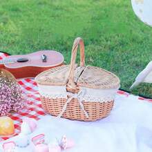 1 Pc Natural Wicker Picnic Basket - With Double Lids And Removable Linen Lining - Double Openings Design, Suitable For Camping, BBQ, Shopping, Home Storage, Home Decor, Fruit/Vegetable Storage - Decorative Edging Trim, Picnic Accessories - Multicolor - View 12