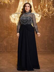 UNITHORSE Đầm dạ hội maxi dài tay cổ đứng thanh lịch dành cho nữ cỡ lớn, chất liệu chiffon lưới, đính hạt và sequin, màu đen, thích hợp cho đám cưới, tiệc mùa xuân. - màu đen - Xem 6