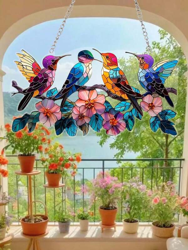 4-Season Decorative Acrylic Bird Sign Plaque - Hanging Multipurpose 2D Bird Themed, For Home, Garden And Door Decor - 1 Colorful Acrylic Exterior Bird On Branch Design In Collegiate Style, Best Gift For Friends
