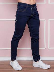 Men's Basic Jeans With Elastane And Pockets Direct From The Factory - Navy Blue - View 2