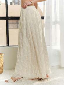 Womens Casual Maxi Skirt Elegant Romantic Floral Embroidered A Line High Waisted Full Length Formal Evening Party Wedding Guest Flowy Cream White Floor Length Summer Spring Special Occasion Swing Dance Skirt - 米色 - 查看 4