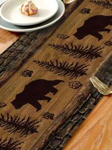 1pc Bear Pattern Printed Table Runner, 4/6/8pcs Matching Bear Printed Placemats, Suitable For Festivals, Parties, Birthdays, Dinners, Kitchen & Dining Room Table Decor, All Seasons Home Decoration