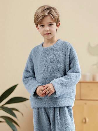 2pcs Toddler Boys/Girls Cloud Fleece Sweatshirt And Pants Set, Warm Letter Graphic Casual Outfit For Autumn/Winter