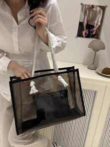 2pcs/Set Women Fashion Color Block Transparent Beach Tote Bags - Black - View 4