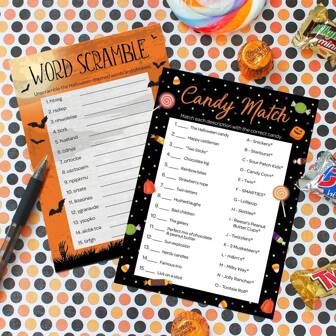 Halloween Party Games – Word Scramble And Candy Match 2 Game Bundle, 20 Dual-Sided Cards For Kids, Adults, Classrooms, And Fall Events