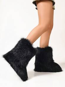 Women's Faux Fur Boot Furry Fluffy Round Toe Suede Winter Comfy Plush Warm Short Outdoor Indoor Flat Shoes Mid-Calf Boots