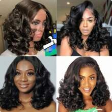 250% Density 13x4 Funmi Curly Lace Front Wigs Human Hair 250% Density Loose Body Wave Human Hair Pre Plucked With Baby Hair Curly Short Wigs For Women  HD Lace Wig Loose Wavy 14 Inch - Natural Black - 查看 5