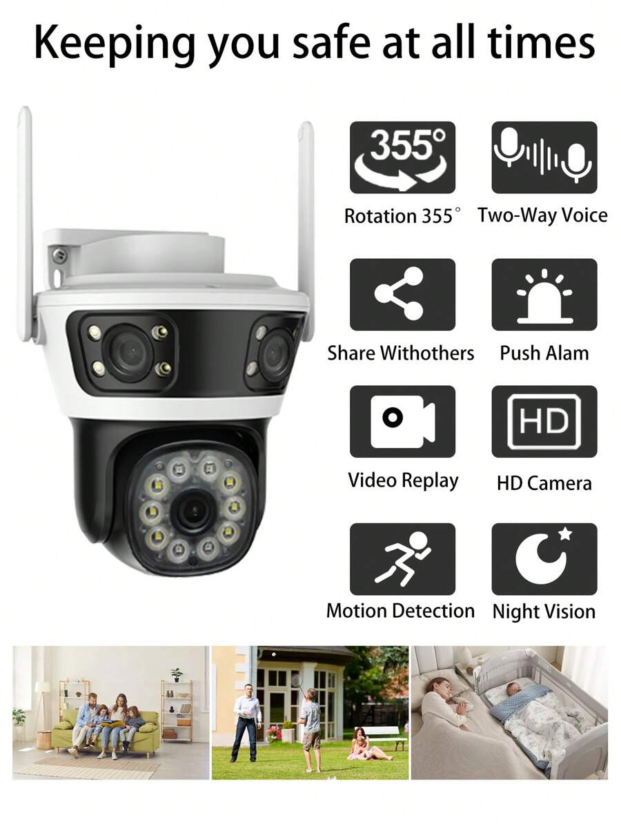 Anyazhineng 1 台三镜头球型摄像机 | 3 个实时视图 | 355° 平移和 90° 倾斜 | 1080P 高清，IP66 防水，双向音频 | 人体运动追踪，APP 警报 | 室内/室外任意位置安装 | 适用于家庭、企业、大型庭院 | 3 倍覆盖！零盲区！