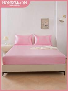 1pc Satin Fitted Sheet, Silky Fitted Sheet, Available In Twin, Full, Queen, King Sizes, 9.8 Inch/25cm Deep Pocket, Breathable Soft Smooth, Includes Only Fitted Sheet, Can Be Used As Mattress Protector. Suitable For Home And Student Dormitory. - Pink - View 2