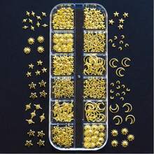 1Box Star, Heart, Triangle, Moon,Square Shaped Metallic Rivets, 3D Gold Punk Nail Art Decorations, 12 Grids Nail Sequins Charms DIY Nail Gems Nail Supplies