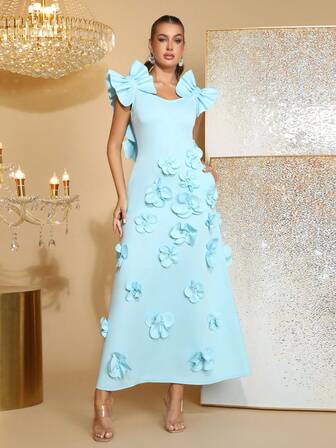 Modphy Nuevo vestido de mujer con adorno floral 3D, con volantes y parches, sin mangas, elegante para dama de honor, invitada formal de boda o fiesta