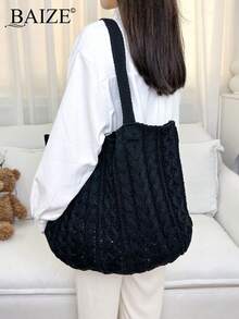 ENBEI Women's Large Capacity Hollow Handbag, Hollow Tote Bag, Shoulder Bag, Beach Wallet, Perfect For Summer, Vacation And Daily Use, Travel Essentials, Holiday Essentials,Mother's Day Gift, Wallet Essentials, Teacher Gift, School Supplies, Beach Tote Bag Beige With Pockets - Black - View 2