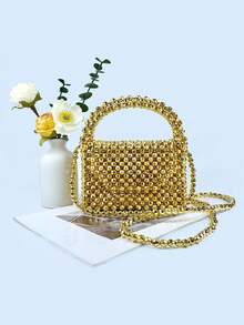 New Mini Black Spikes Beaded Handbag, Tote And Shoulder Bag - Gold - View 8