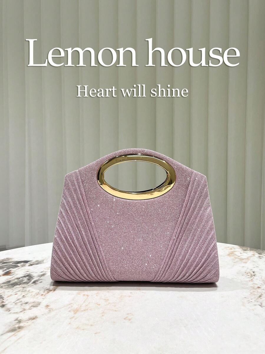 1 件优雅荷叶边闪光手提包，粉色闪亮晚装手拿包，适合女士连衣裙，时尚手拿包，适合婚礼、舞会、派对、正式活动 - 粉色 - 查看 1