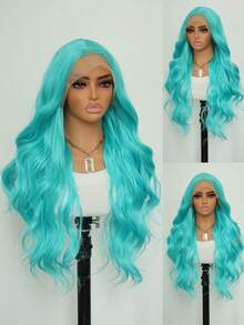 Peluca azul claro de 24 pulgadas con encaje frontal de 13x4, peluca de cabello largo, rizado y ondulado, hecha de fibras sintéticas de alta calidad resistentes al calor. Hermosa, de moda y sexy peluca de uso diario para mujer, ideal para fiestas, cosplay y uso diario. - Celeste - Ver 4