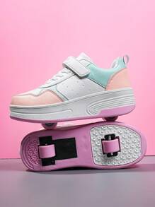 时尚新款儿童拼色带轮运动鞋，可拆卸低帮休闲溜冰鞋，适合运动，男孩和女孩 - 白色 - 查看 1