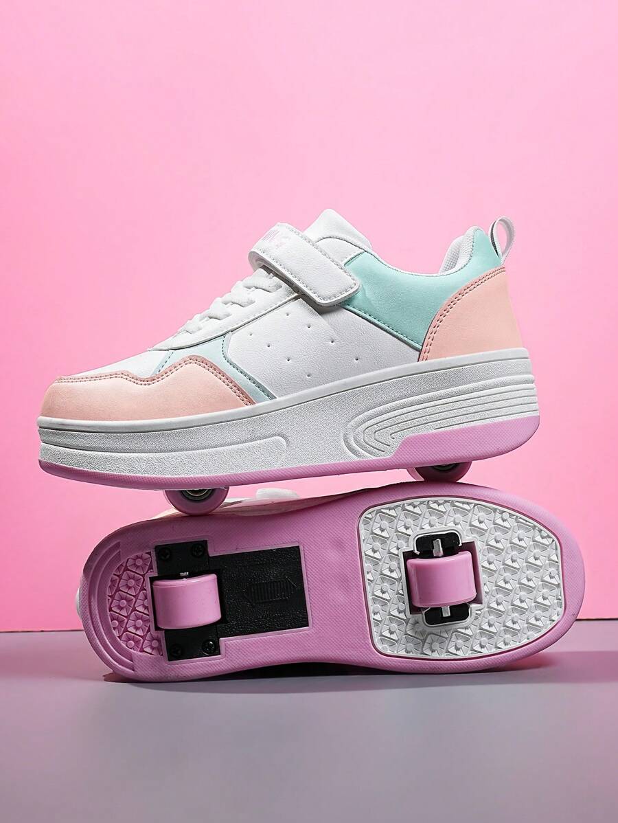 时尚新款儿童拼色带轮运动鞋，可拆卸低帮休闲溜冰鞋，适合运动，男孩和女孩 - 白色 - 查看 1