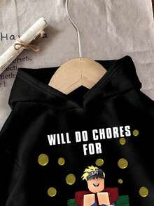 男童休闲日常字母卡通图案保暖卫衣 - 黑色 - 查看 5