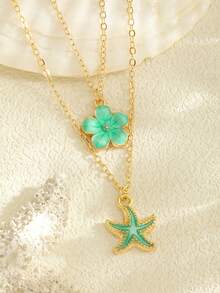 2pcs/Set Delicate & Fashionable Sweet 5-Petal Flower & Starfish Pendant Necklace, Suitable For Girls Wear To Beach, Party, Travel, Daily Occasions In Summer - Multicolor - View 10