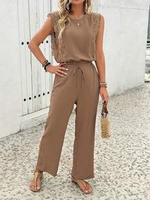 Ruffled Sleeve Co - Ord Set Textured Top Drawstring Wide - Leg Pants Boho Chic Outfit - 焦糖 - 查看 9