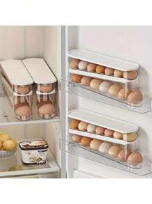 1pc Automatic Double-Layer Egg Holder - 12-14 Eggs Capacity, Hinged Sliding Design, Keeps Eggs Fresh, Non-Food-Contact Plastic, Refrigerator & Kitchen Organizer