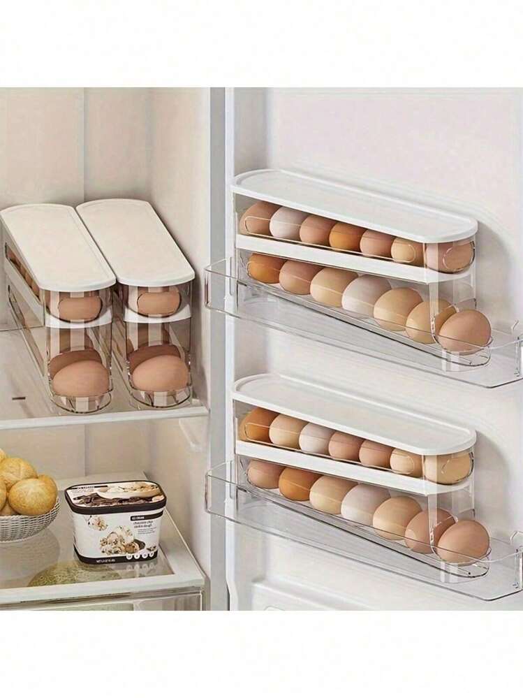 1 Stück automatischer Doppelschicht Eierhalter - Kapazität 12-14 Eier, Scharnier-Schiebe-Design, hält Eier frisch, Kunststoff ohne Lebensmittelkontakt, Kühlschrank & Küchenorganizer - Verschiedenfarbig - Übersicht 3