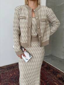 Button Detailed Skirt Set, Solid Color Casual Split Ribbed Button Co-Ord Set For Home Wear - Beige - View 2