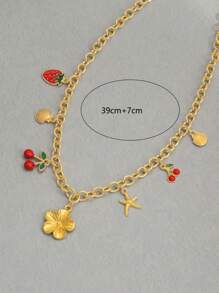 1 pièce Collier pendentif en alliage doré à la mode d'été avec combinaison de fleurs, cerises, fraises, coquillages, étoiles de mer. Convient pour un port quotidien, la plage, les fêtes, les festivals de musique. Longueur de chaîne ajustable.