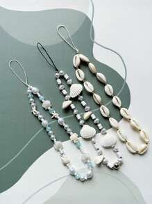 Cadena para teléfono con estilo marino de estrella de mar y concha de tortuga, pulsera decorativa con cuentas, cordón para llavero, ornamento de cordón