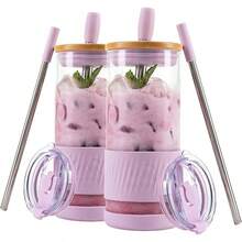 Pandaloo® - Vasos de vidrio con tapas y pajitas de 20 onzas líquidas, tamaño perfecto, taza de café helado, taza de licuado con tapa de bambú y tapa sobre la marcha, vaso de vidrio con pajita (1 - Rapsodia lila y lila - Ver 12