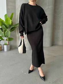 Button Detailed Skirt Set, Solid Color Casual Split Ribbed Button Co-Ord Set For Home Wear - Black - View 3