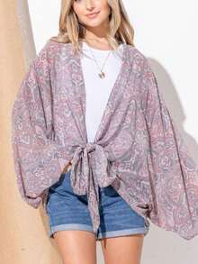 Womens Casual Cover Up Boho Chic Paisley Print Bell Sleeve Kimono Cardigan Front Tie Wrap Light Gray Pink Pattern Open Front Beach Resort Wear Summer Spring Vacation Beachwear Loose Fit - 多 - 查看 8